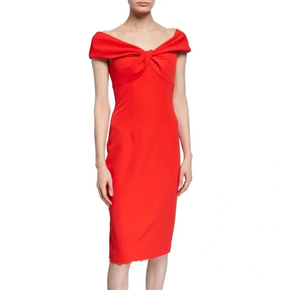 Trina Turk Red Bow Sheath Dress Size 4 Off Shoulder Crepe Cocktail Party 4 NWT - Picture 1 of 7